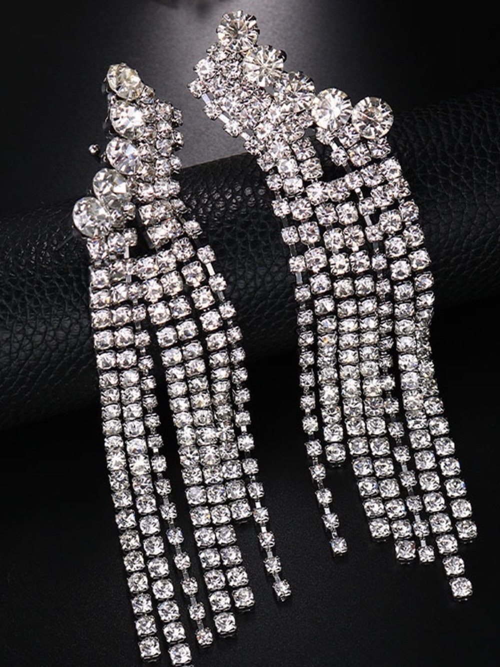 Crystal Fringe Drop Earrings - Silver Tone - Picture 2 of 7